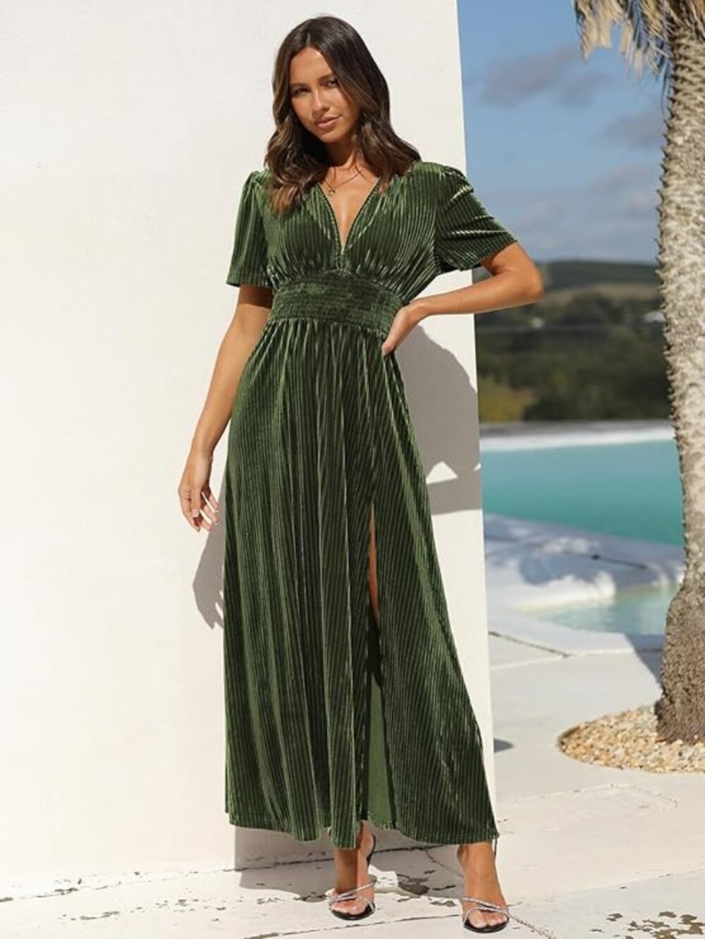 Sissyaki Fall Velvet Maxi Dress V-Neck Slit Formal Dress